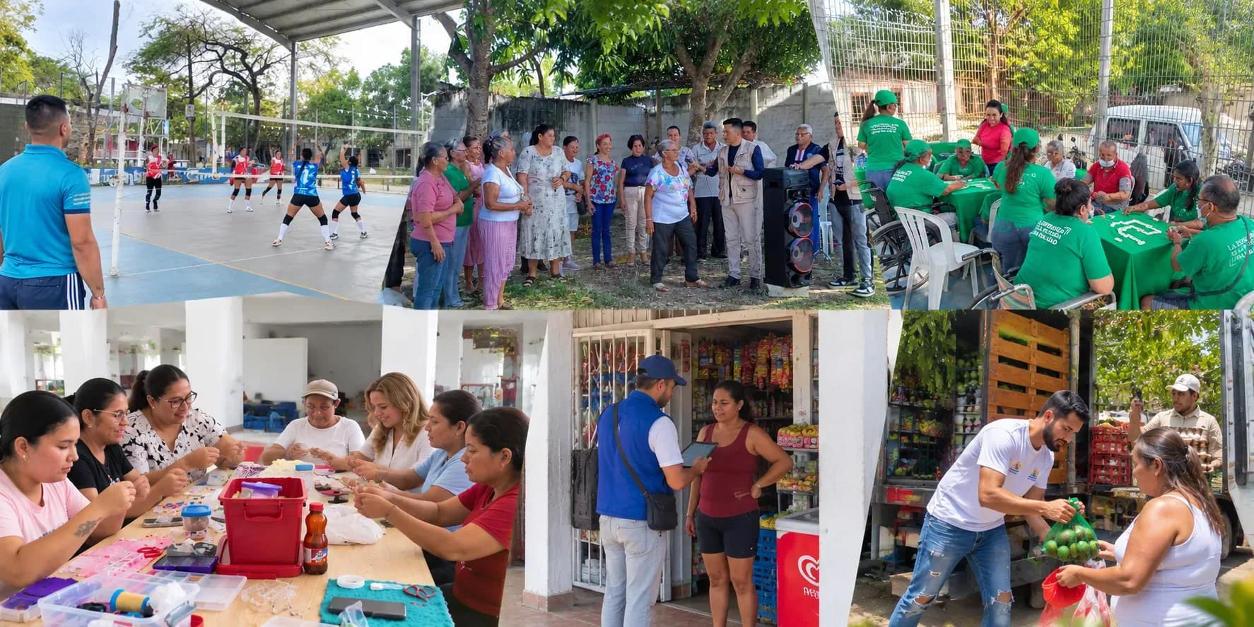 Escenas de los programas de la fundación en Baranoa: deporte, adultos mayores, inclusión, mujeres, comercio local y entrega de alimentos