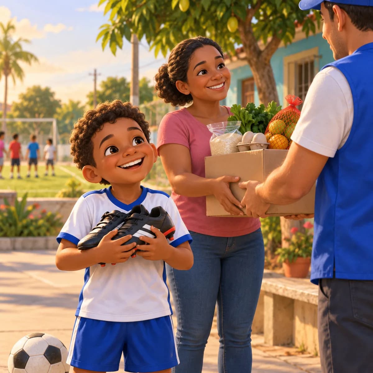 Ilustración: un niño sonríe abrazando sus botines de fútbol nuevos mientras su mamá recibe un mercado de manos de un voluntario de la fundación